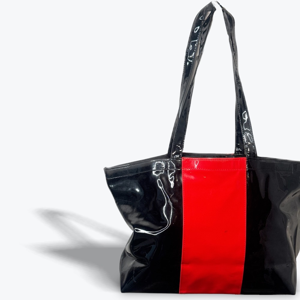 Vintage Walborg Tote Bag Patent Vinyl Colorblock Black Red Large